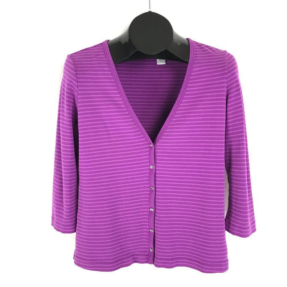 Chico's Button Up Cardigan Sweater Women's Small Purple Striped Stretch Knit